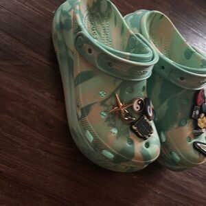 Size 6 in women wedge crocs with 14 charms